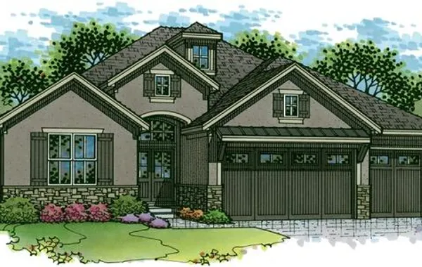 Illustrated two-story suburban house with a three-car attached garage, stone accents, front steps, and landscaped lawn
