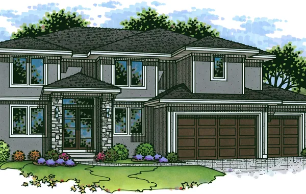 Illustration of a two-story suburban house with a three-car garage, stone entry, and landscaped front yard.