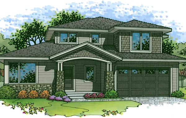 Illustration of a modern two-story suburban house with a front porch, stone columns, and a three-door garage, surrounded by landscaped lawn and shrubs.