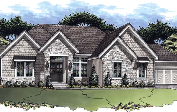 Single-story stone-and-brick house with multiple gables, a front entry, manicured lawn, and an attached two-car garage.