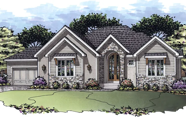 Front view of a single-story house with stone and siding, arched entry, gabled roof, attached two-car garage, and landscaped yard.