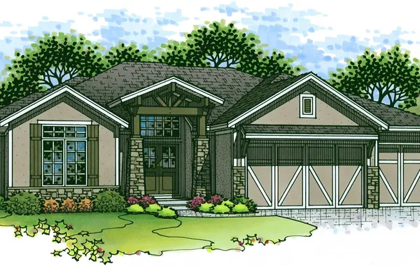 Illustration of a single-story suburban home with stone accents, front entry, and a two-car garage, surrounded by a green lawn and trees.