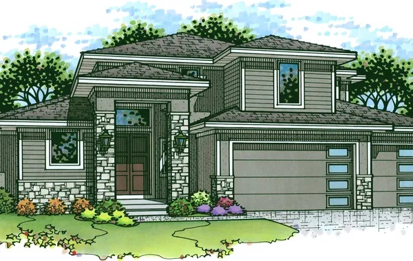 Contemporary two-story house with stone columns, gray siding, and a landscaped front yard.