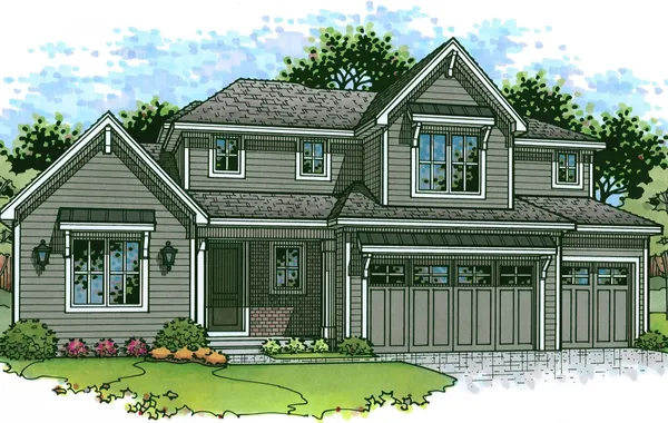 Illustrated two-story suburban house with a three-car garage and front porch on a landscaped lawn.