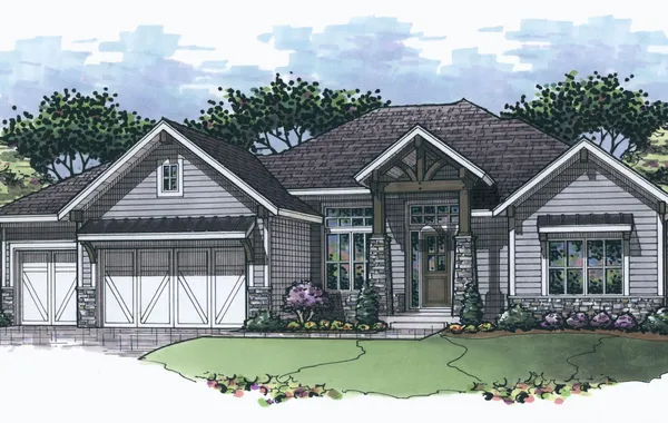 Illustrated single-story suburban house with a three-bay garage, stone columns, and a landscaped front yard.