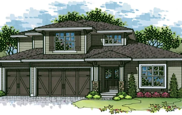 Illustration of a modern suburban house with a three-car garage, front porch, and neatly landscaped yard.