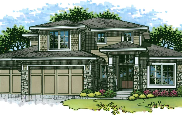 Illustration of a modern suburban house with a three-car garage, stone pillars, and a landscaped front yard with shrubs.