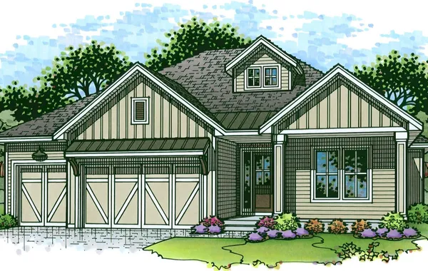 Illustration of a single-story suburban home with a multi-bay garage, gabled roof dormers, a front porch, and a landscaped front yard.