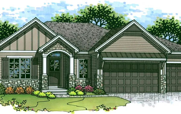 Illustration of a suburban single-story house with a stone facade, arched entryway, and a two-car garage surrounded by landscaping.