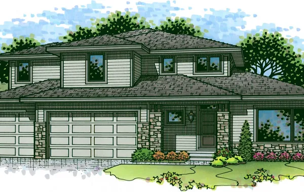 Illustration of a modern suburban single-family home with a two-car garage, stone accents, and a landscaped front yard.