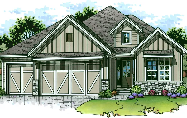 Front view of a suburban craftsman-style house with a three-car garage, stone accents, and a landscaped lawn.