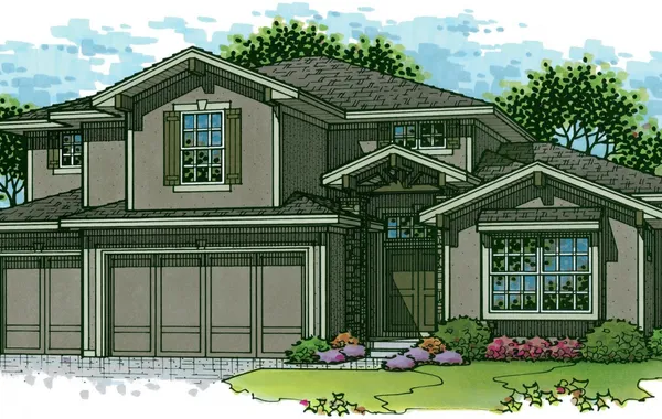 Illustration of a two-story suburban house with a three-car garage, front porch, and landscaped yard.