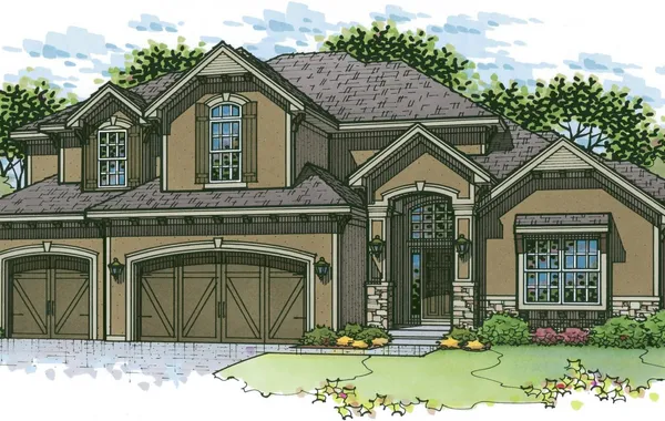Illustrated suburban house with a three-car garage, stone accents, peaked roof, front porch, and a manicured lawn.