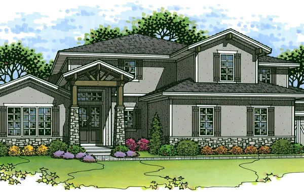 Illustrated two-story suburban house with a covered front porch, stone columns, and a well-kept lawn with shrubs and trees in the yard