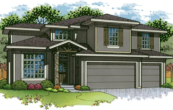 Two-story suburban house with a three-car garage, stone facade accents, a covered front porch, and a landscaped front yard.