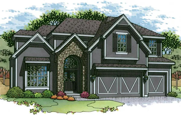 Illustrated two-story suburban house with stone entry arch and a two-car garage.