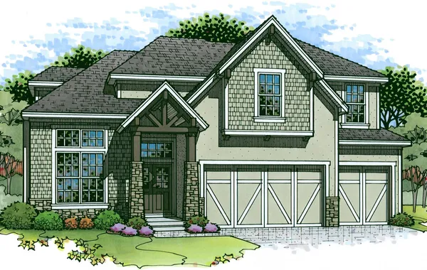 Illustration of a two-story suburban house with a three-car garage, stone accents, gabled rooflines, and a landscaped front yard.