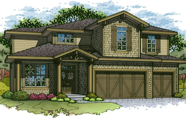 Illustrated two-story craftsman-style house with a three-car garage and front porch, surrounded by landscaped yard.