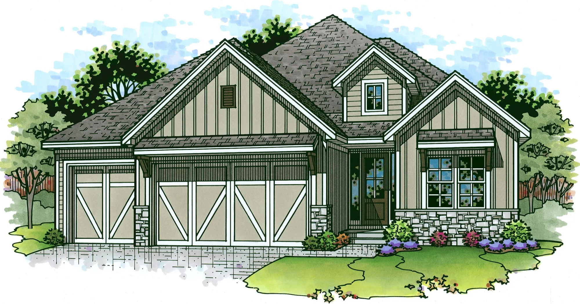 Illustration of a suburban house with a large attached garage, front porch, and landscaped yard under a blue sky.