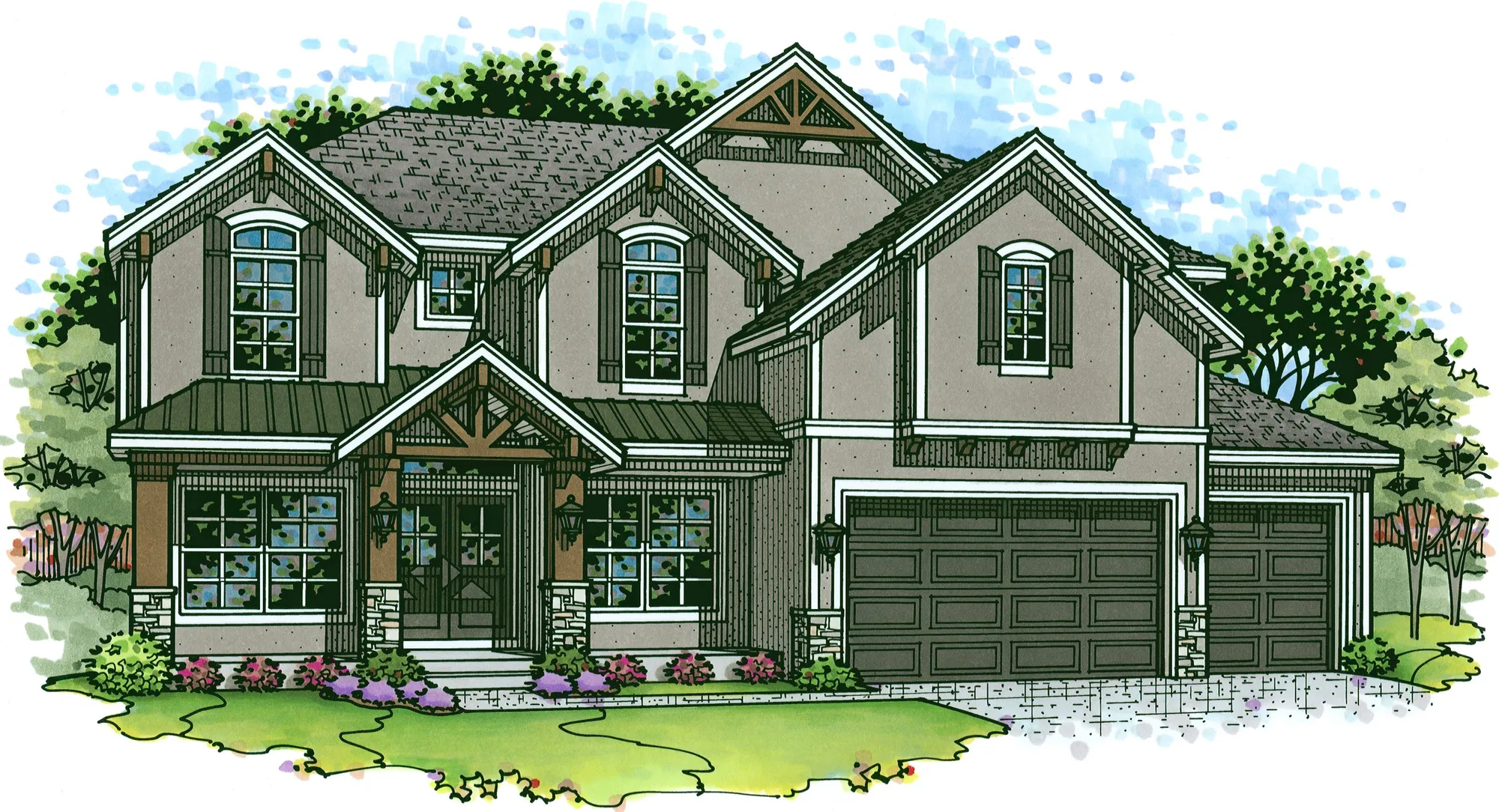 Two-story suburban home with a three-car garage, front porch, and landscaped front yard with shrubs and flowers on a bright day.