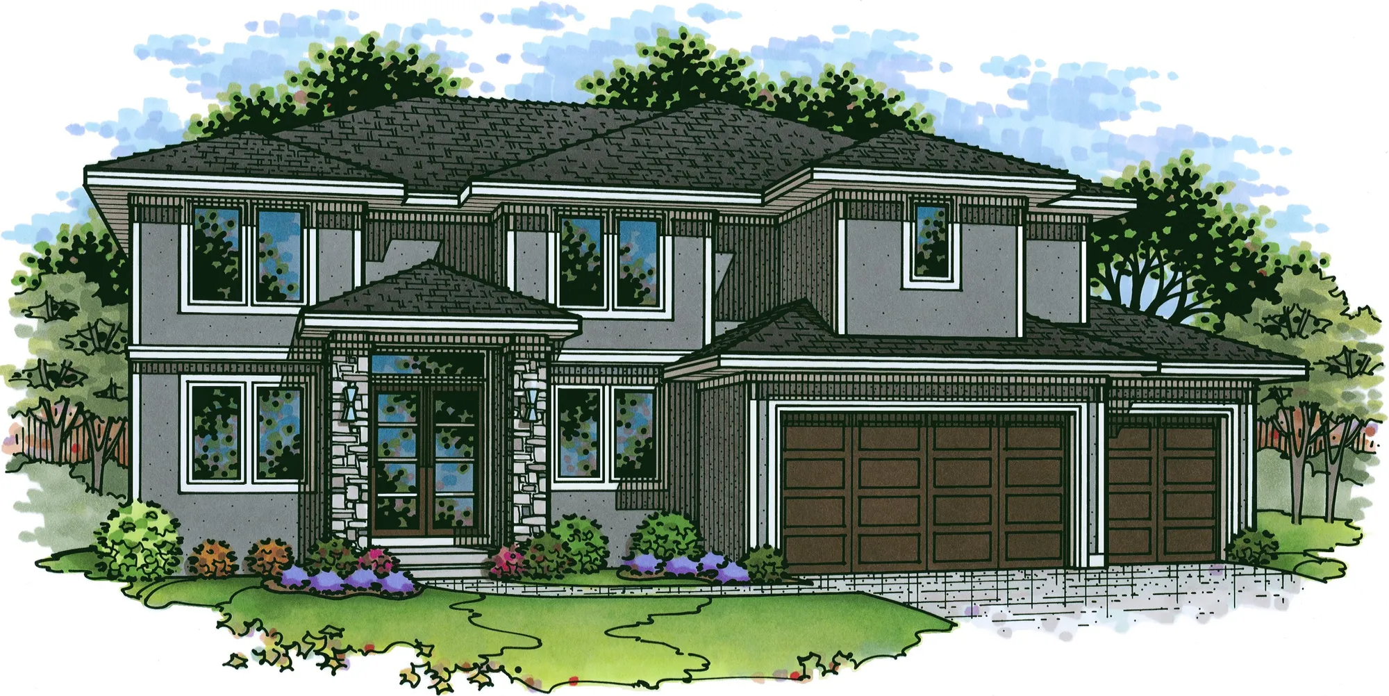 Illustration of a two-story modern suburban house with a three-car garage and landscaped front yard.