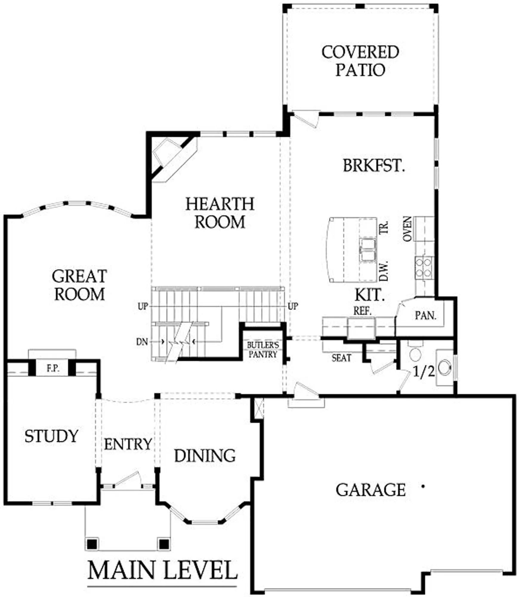 Main level floor plan showing Living Room, Hearth Room, Kitchen, Dining, Study, Entry, Porch, Garage, Mud Room, Pantry, and a 1/2 bath.