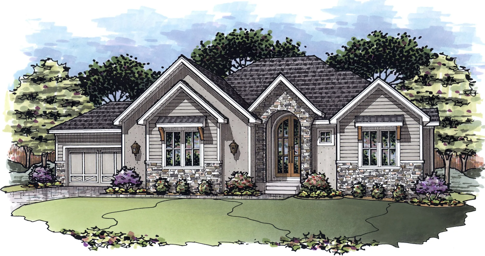 Illustrated single-family house with stone accents, a three-gabled roof, and a landscaped yard.