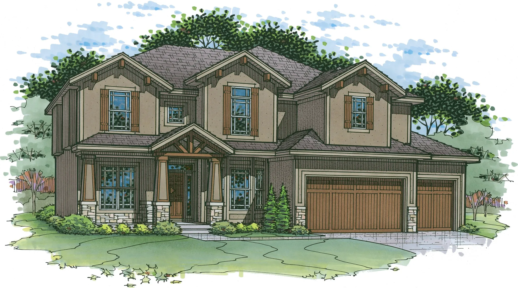 Two-story suburban house with a front porch, stone accents, brown shutters, and a three-car garage, set among green trees and a manicured yard.