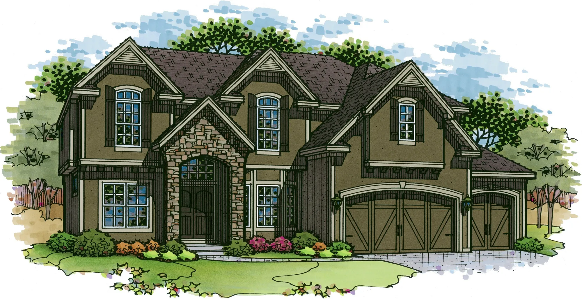 Cartoon-style two-story house with stone entry arch, beige siding, brown roof, and a three-car garage plus colorful front yard landscaping