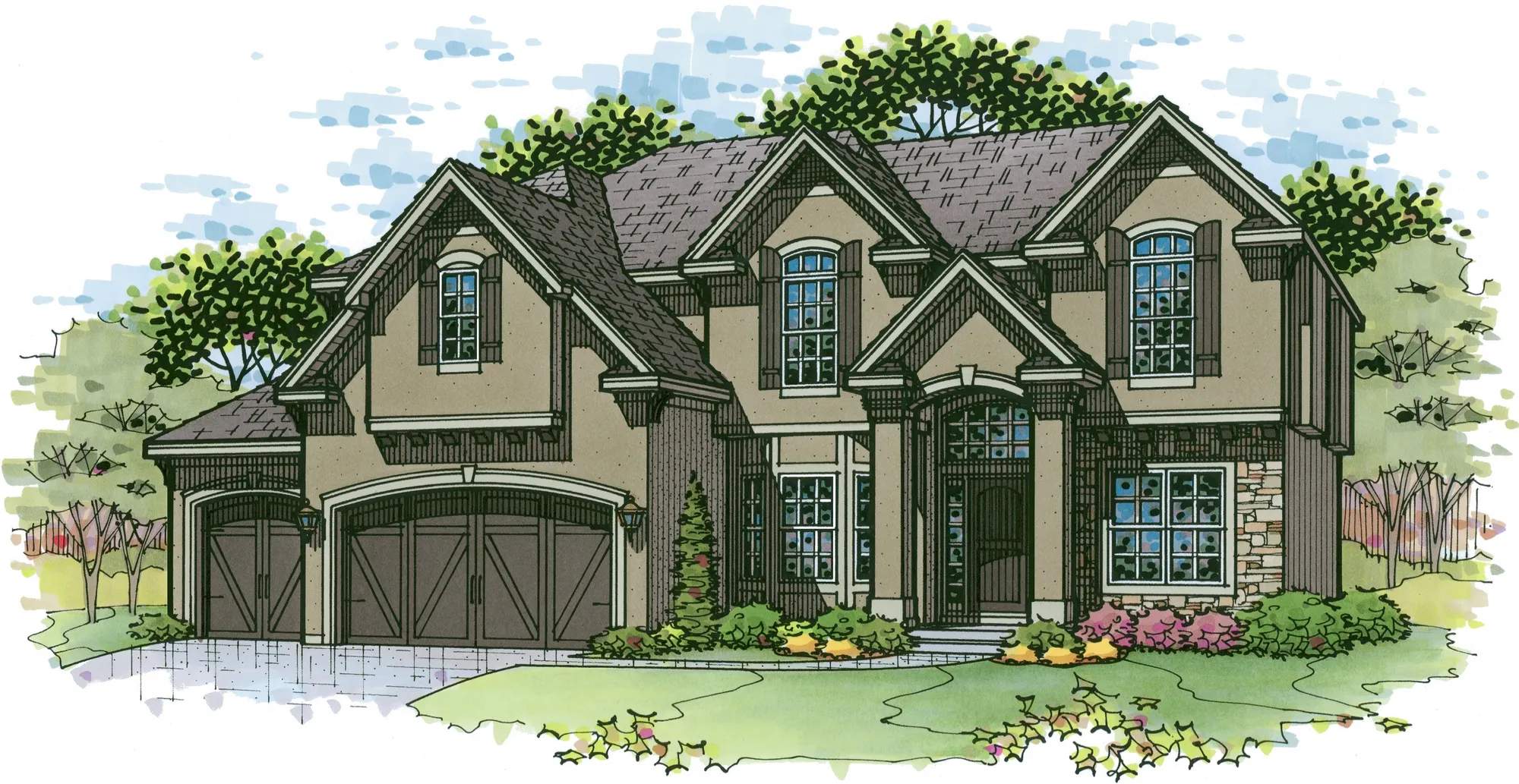 Large suburban house with multiple gabled roofs, attached three-car garage, and landscaped front yard.