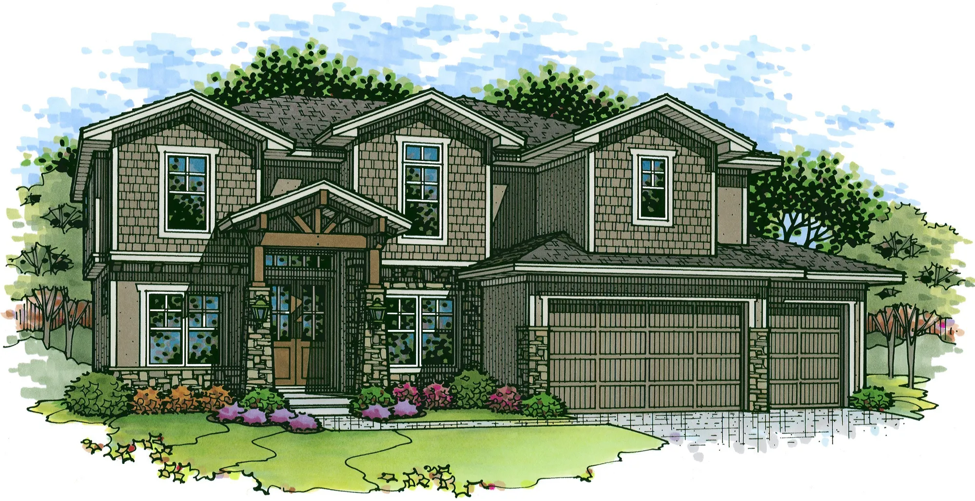 A two-story suburban house with a large attached garage and front porch, surrounded by shrubs and a manicured lawn.
