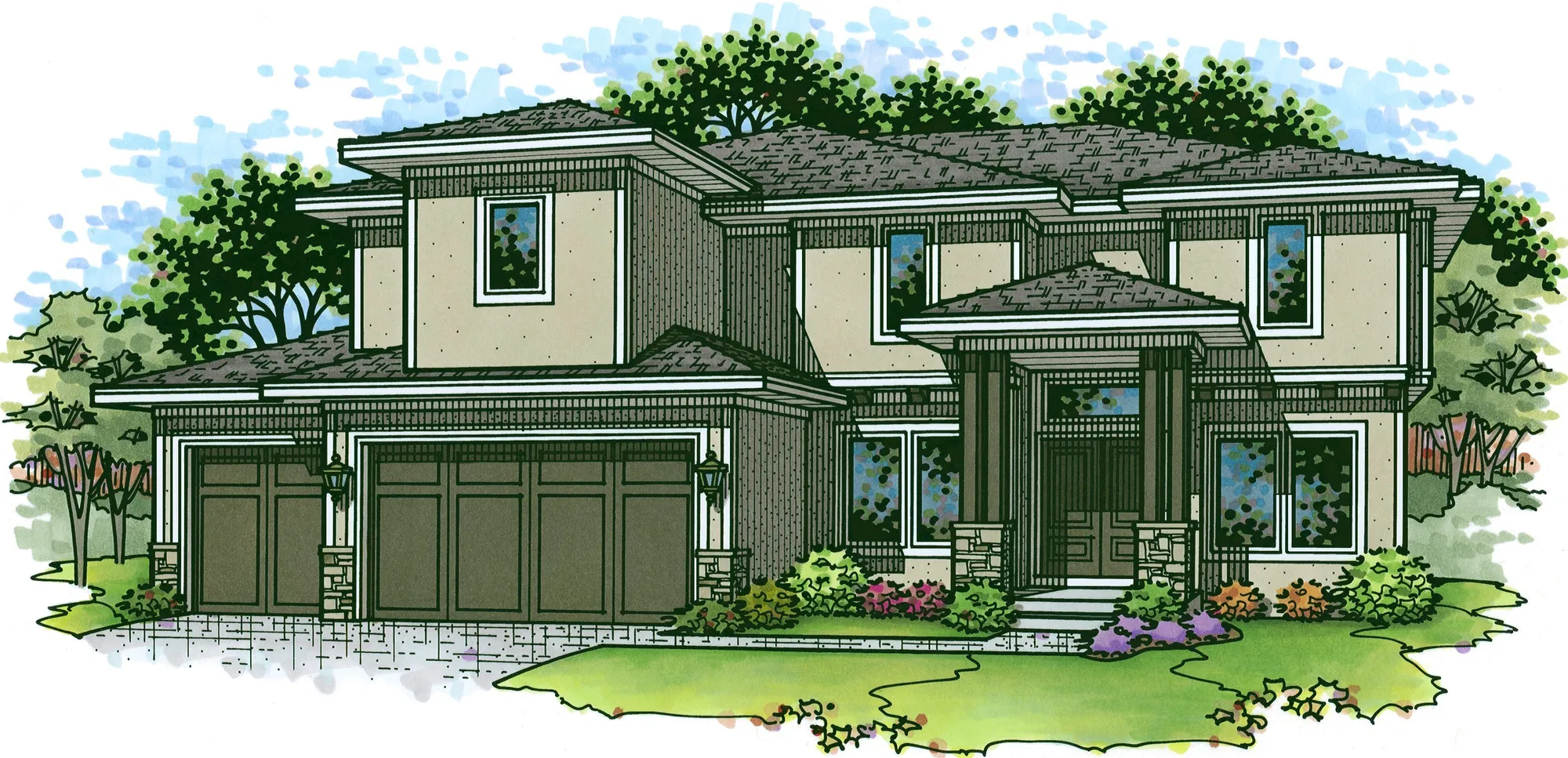 Illustration of a two-story modern house with a three-car garage, beige siding, and a landscaped front yard.
