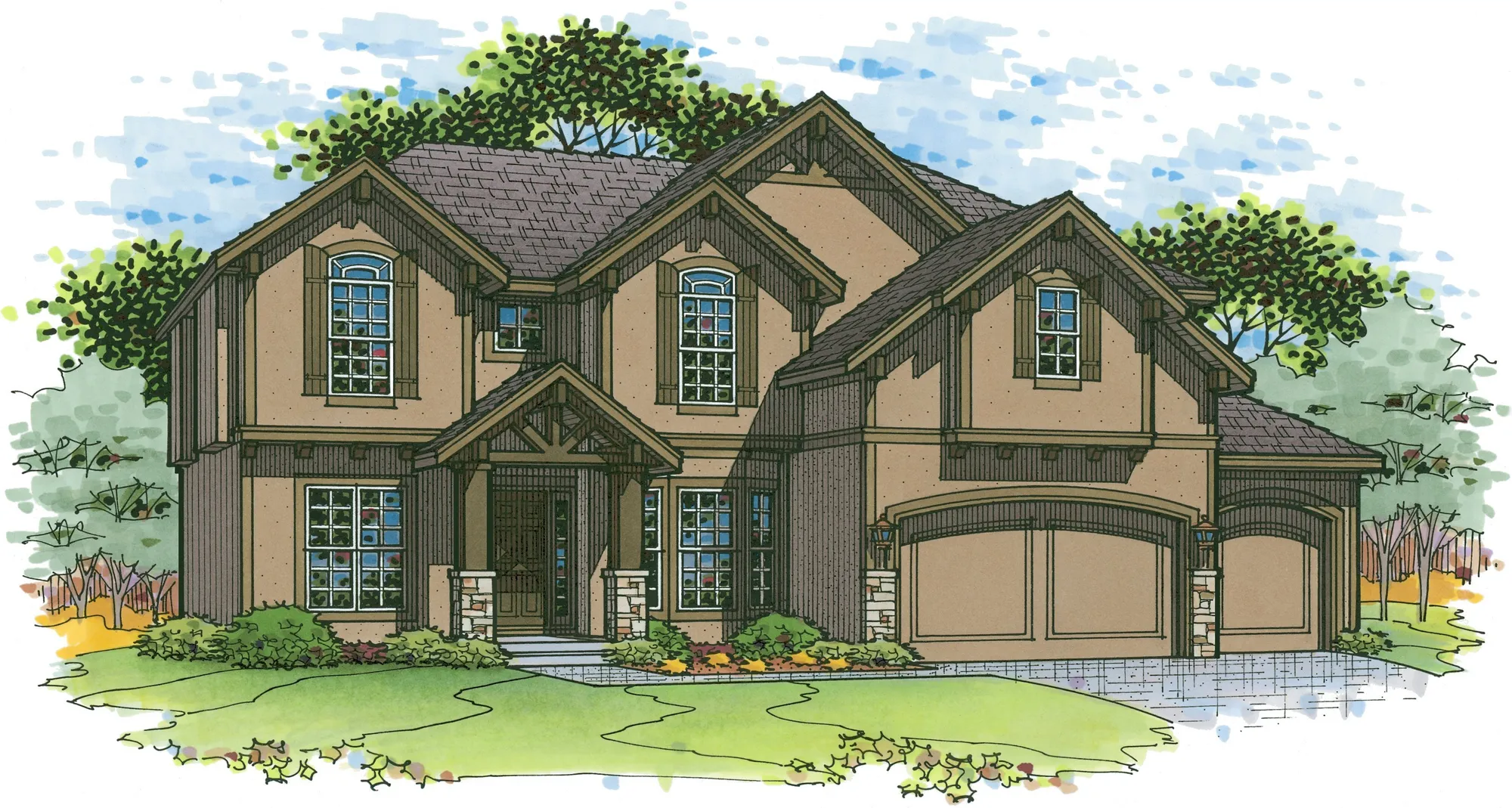 Front view of a two-story suburban house with a gabled roof, beige siding, dark wood trim, and a two-car garage amid landscaping and trees.