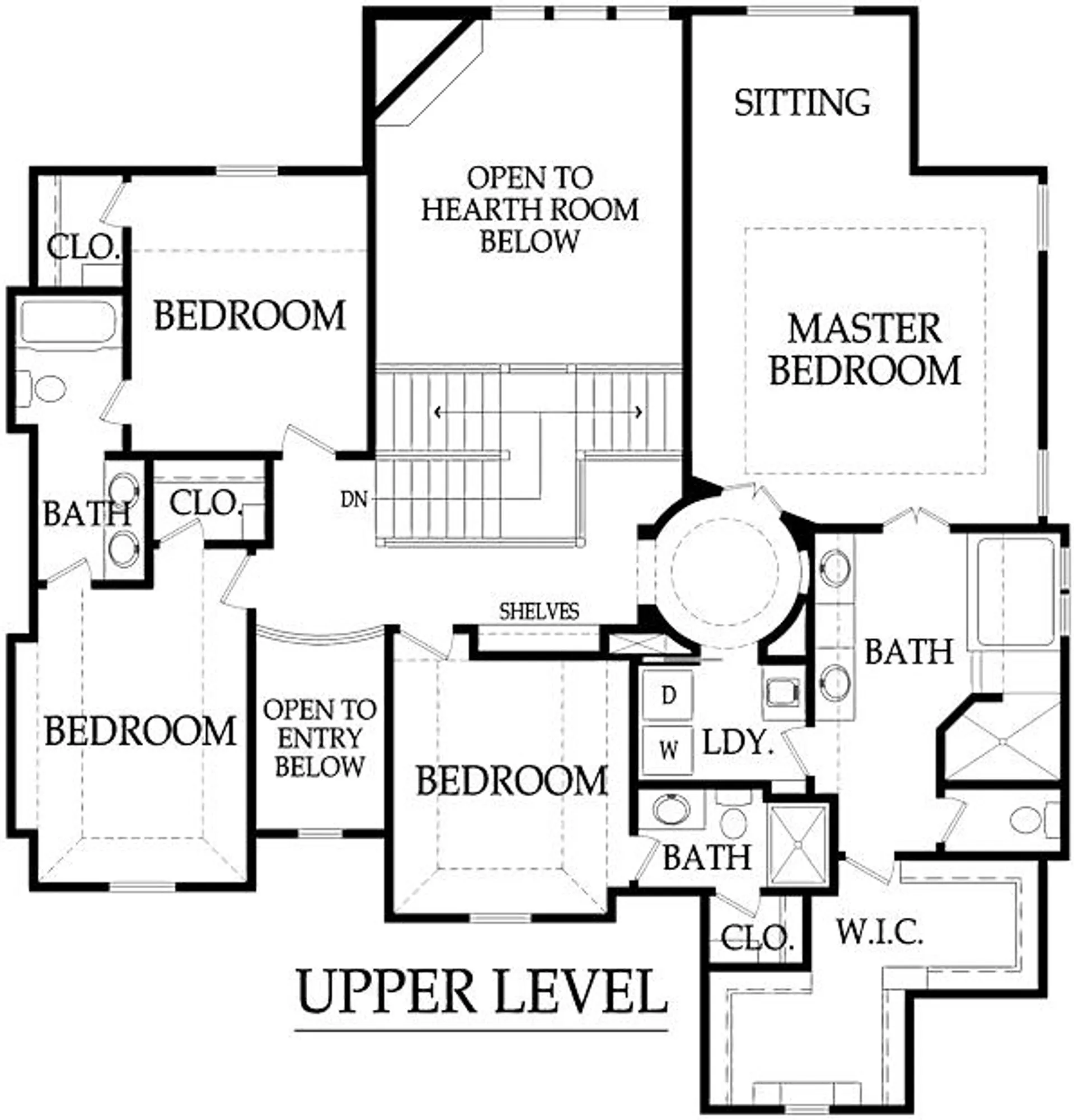 Upper level floor plan showing bedrooms, baths, and walk-in closet with open-to-below areas and stairs.