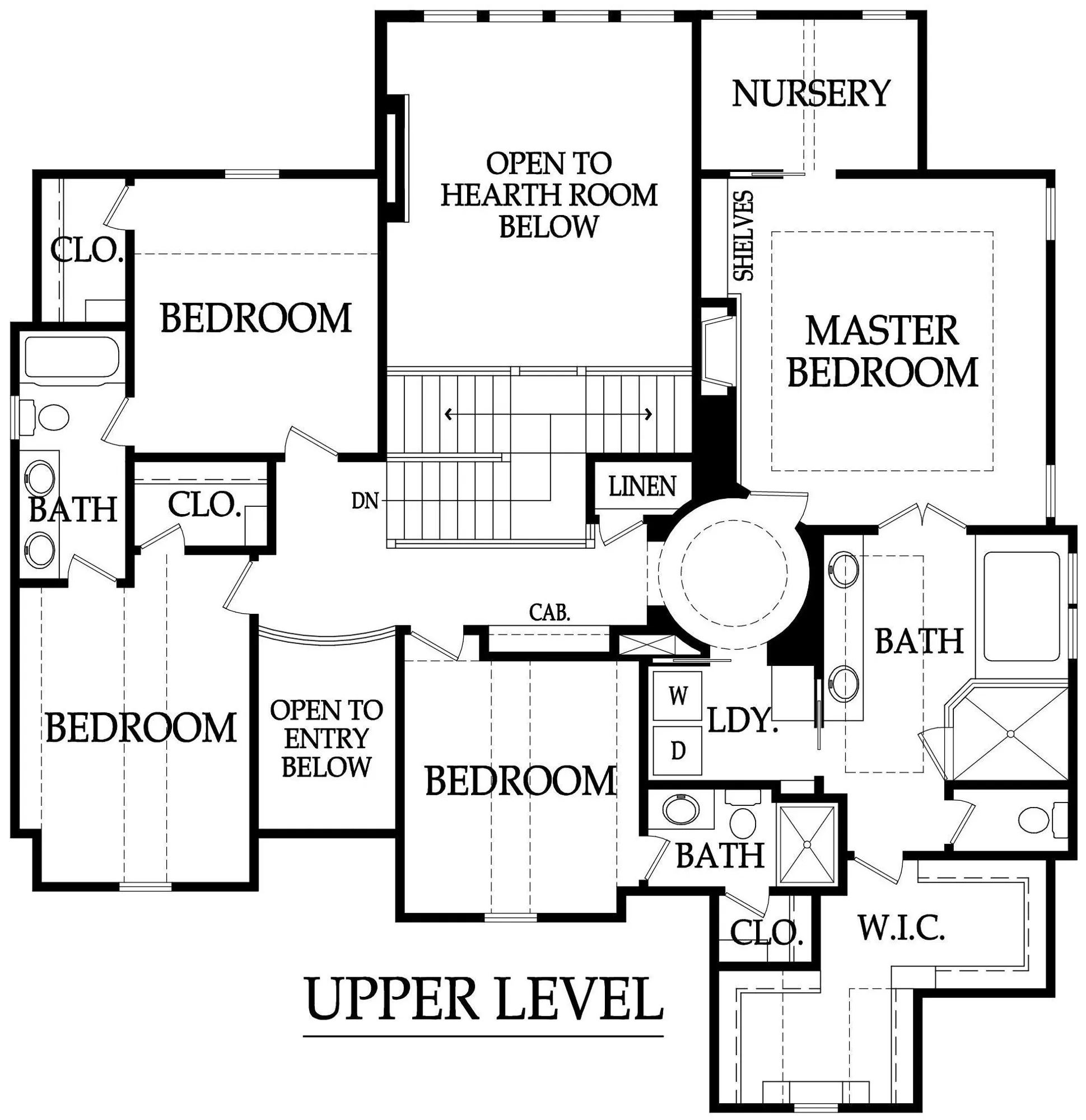 Upper-level floor plan showing bedrooms, baths, closets, stairs, and laundry areas labeled throughout the layout.