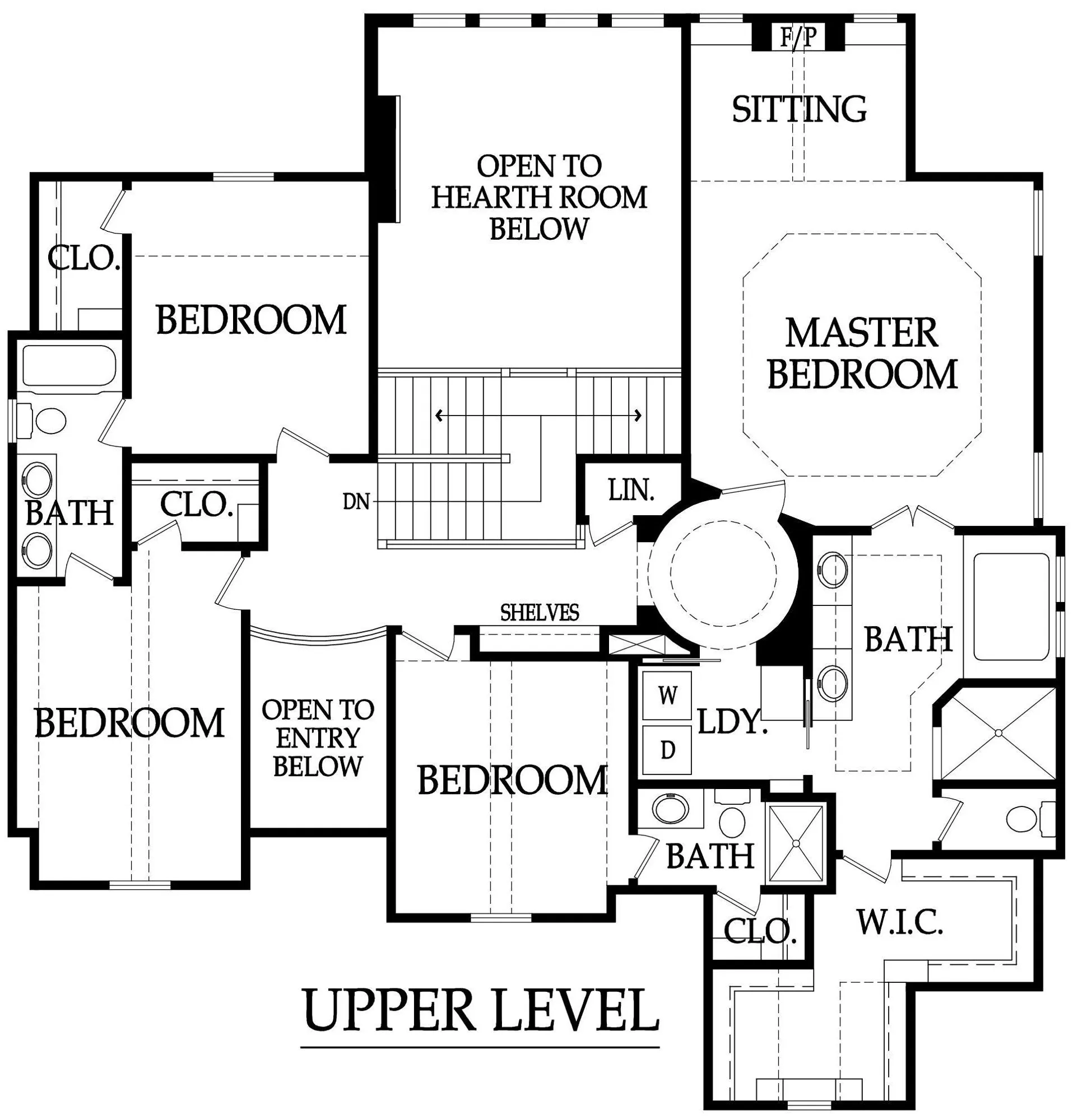 Upper level floor plan showing bedrooms, baths, and a sitting area connected to the master suite, with stairs down to the level below and open-to-areas labeled.