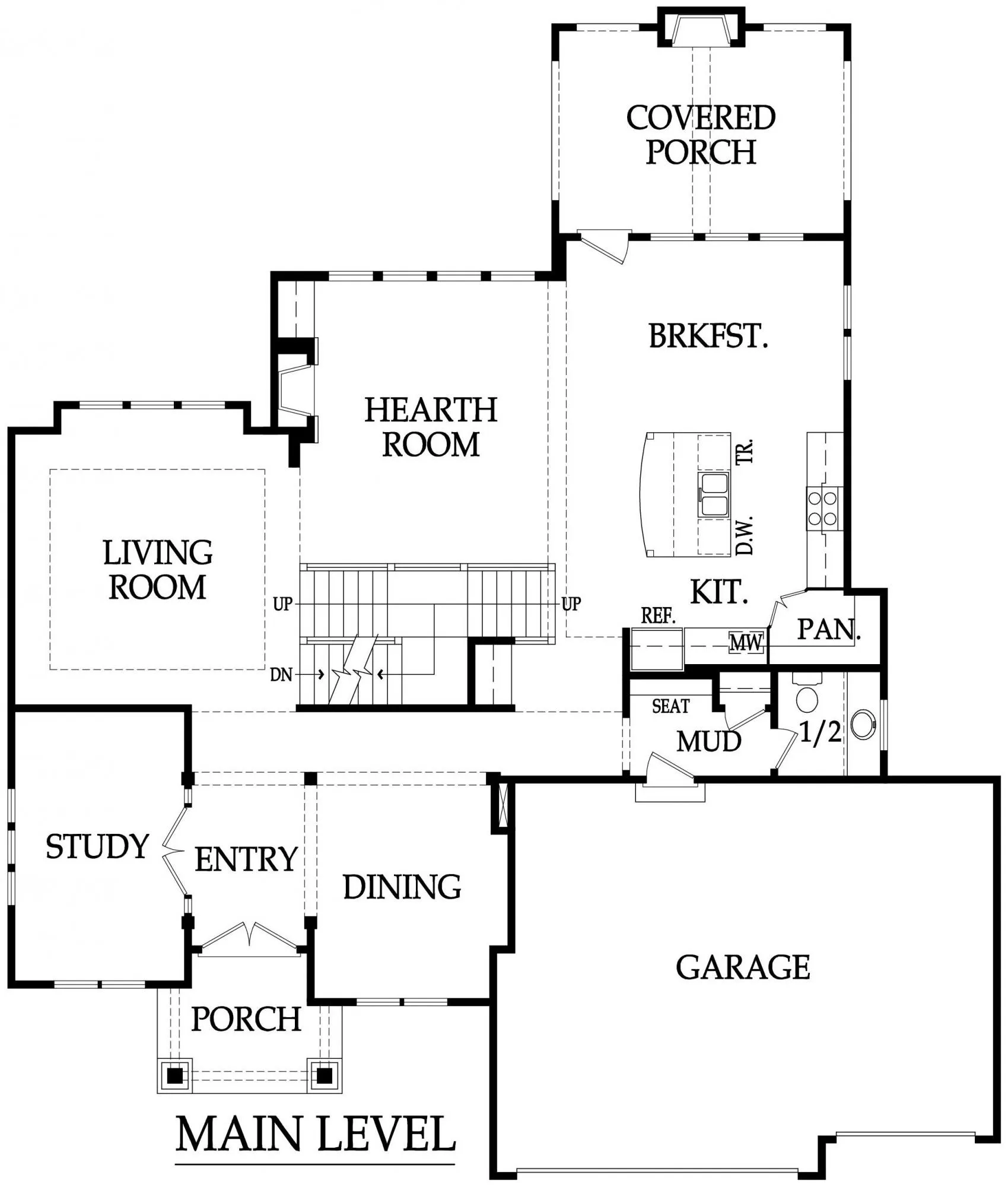 Main level floor plan showing Living Room, Hearth Room, Kitchen, Dining, Study, Entry, Porch, Garage, Mud Room, Pantry, and a 1/2 bath.