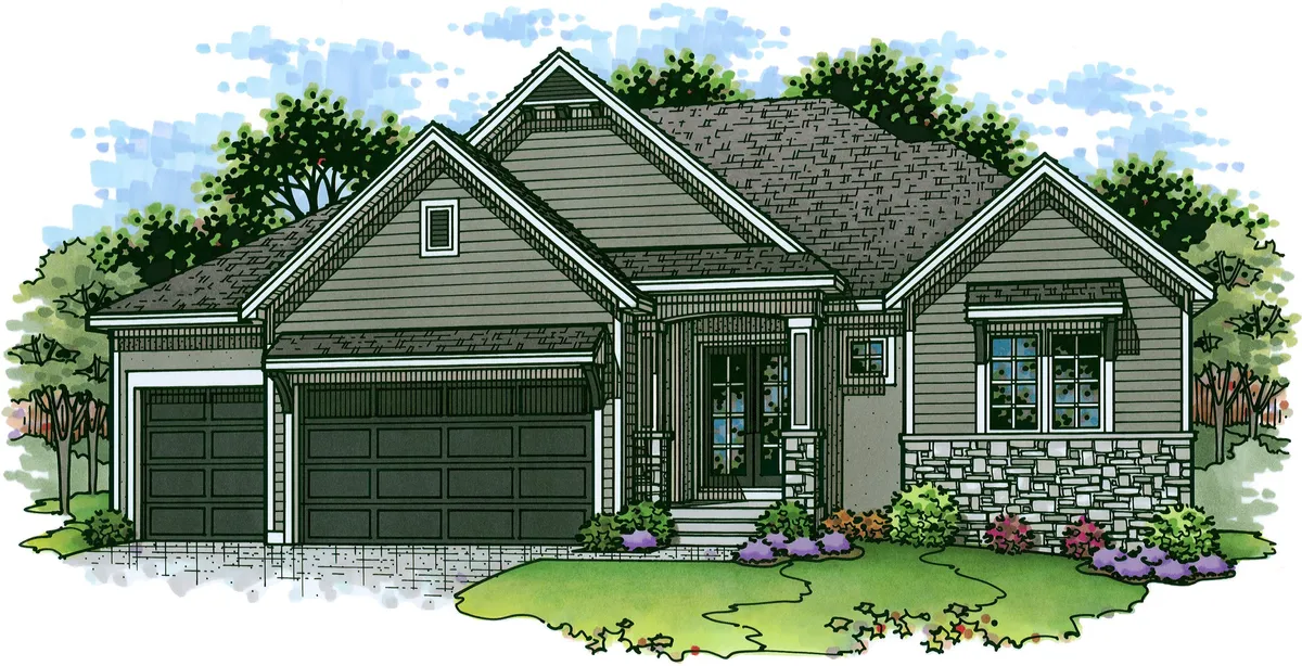 Illustrated single-family home with a two-car garage, front entry porch, and landscaped front yard.