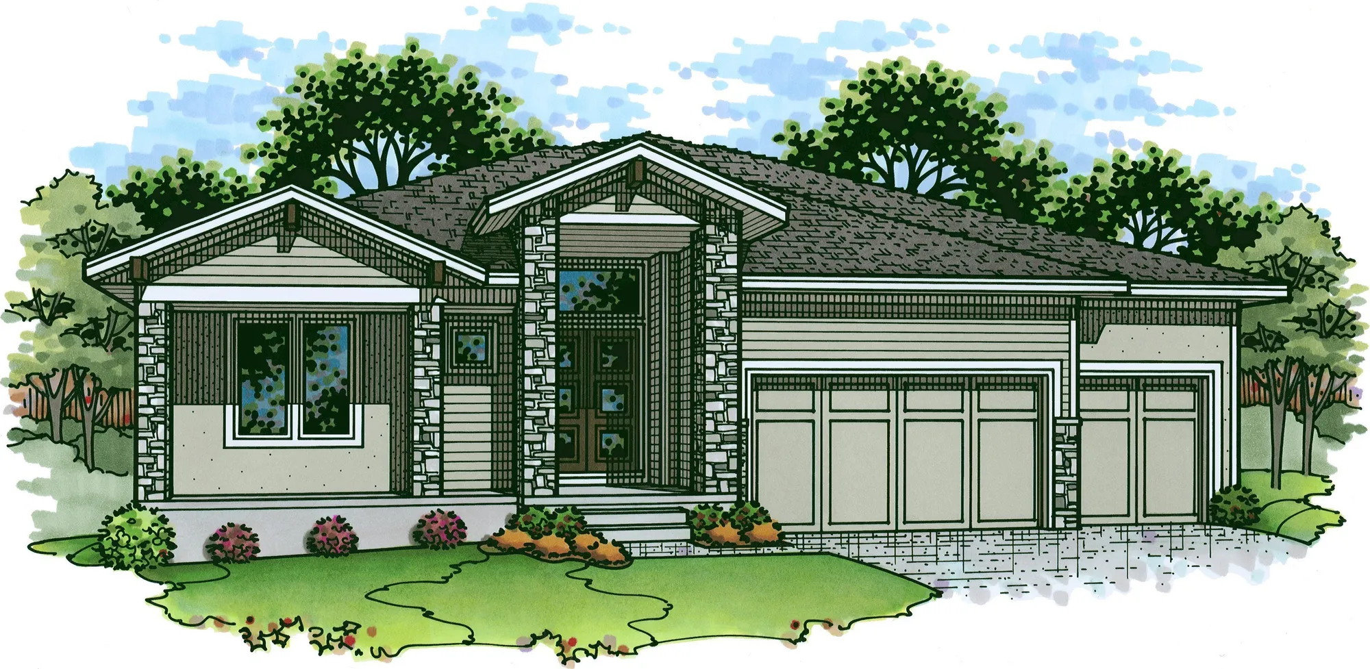 Illustrated front view of a modern suburban house with a stone facade and a three-car garage, surrounded by greenery.