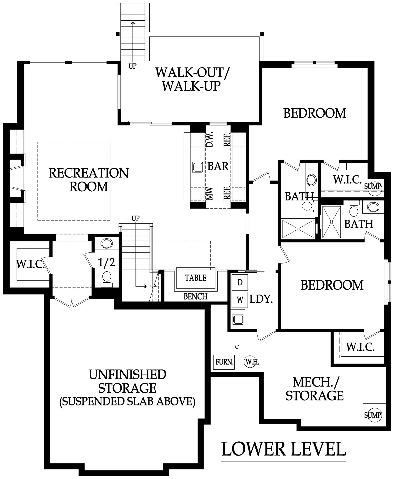 Floor plan of a lower level: large recreation room to the left, walk-out/walk-up area near the center, bedrooms and baths to the right, plus storage and unfinished storage areas labeled on the plan. A staircase connects levels at the top edge.