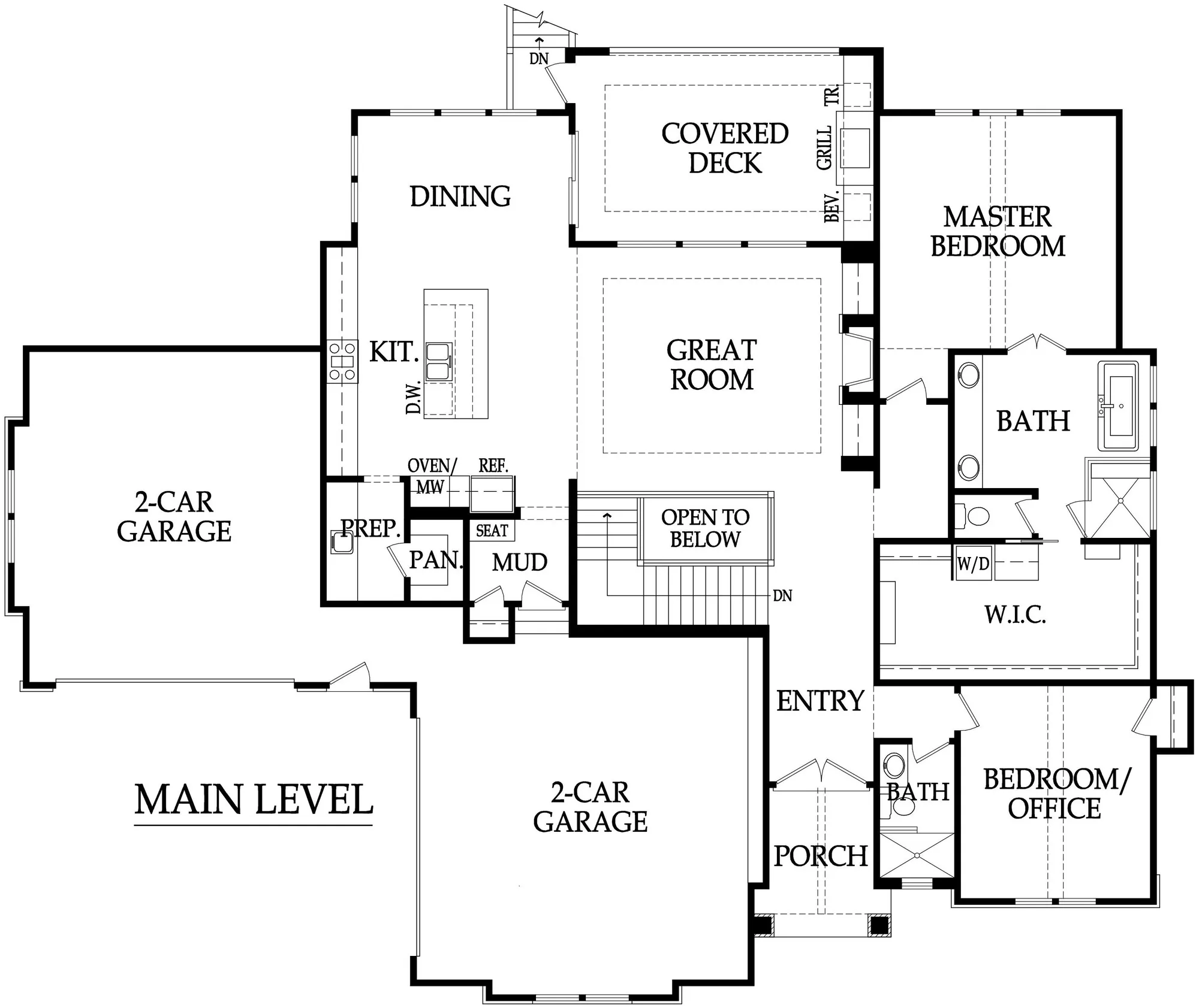 Main level floor plan showing rooms: kitchen, dining room, great room, master bedroom, bath, walk-in closet, entry, porch, two-car garage, and stairs connecting to upper level.