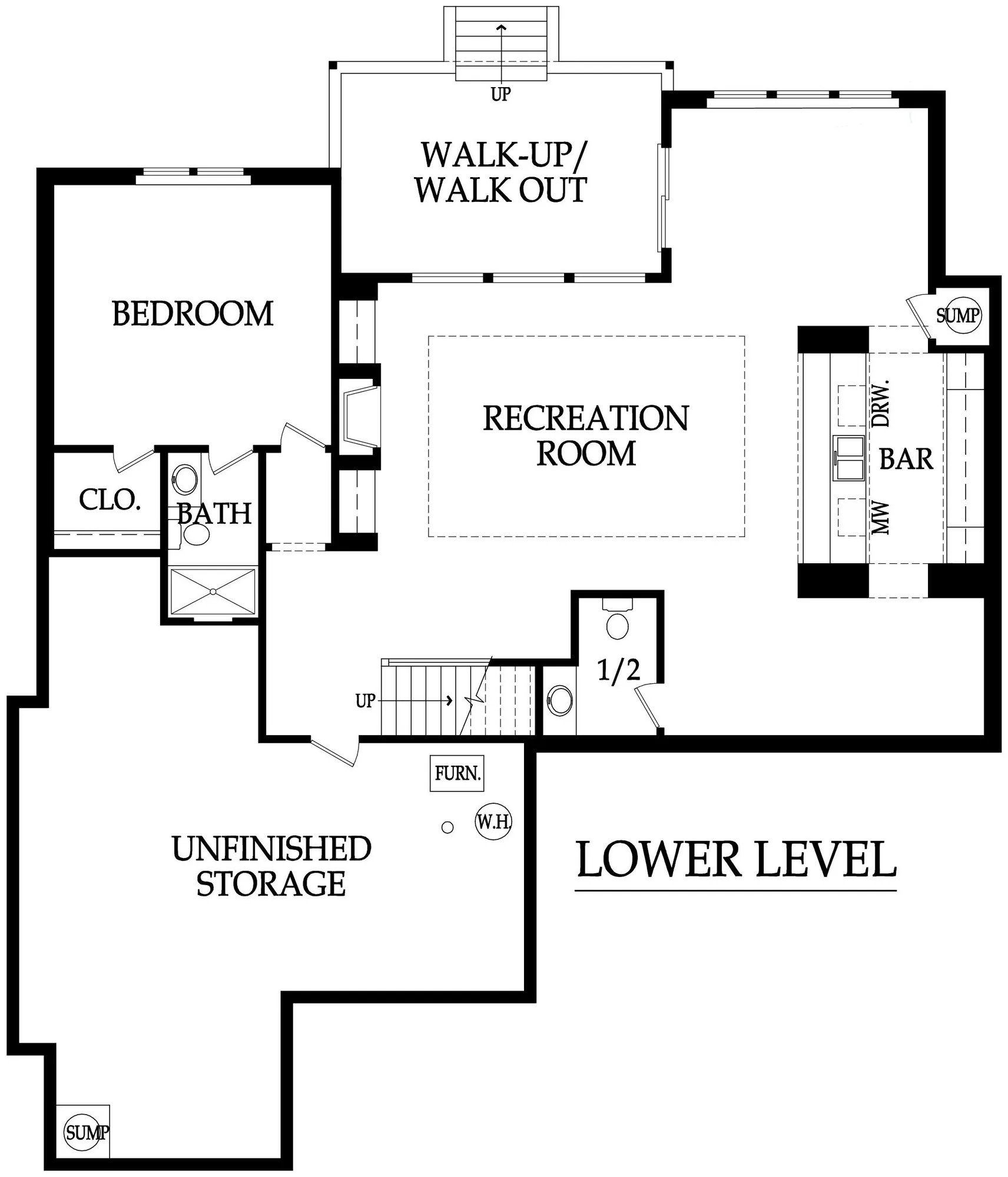 Floor plan of a lower level showing a recreation room, bedroom, bar area, and unfinished storage with utility equipment (furnace, water heater, sump). Stairs indicated nearby.