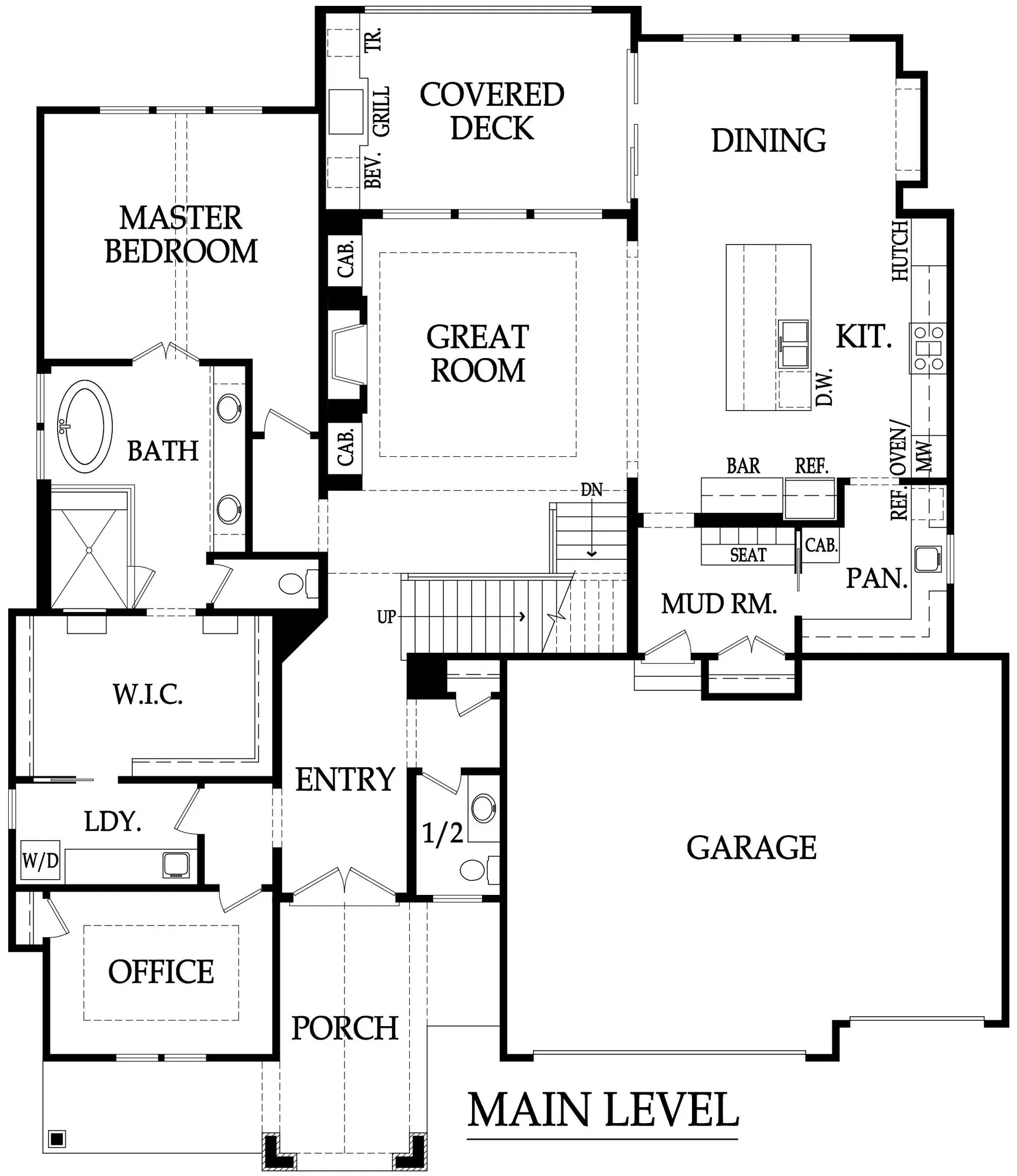 Main level floor plan showing entry, garage, office, laundry, porch, kitchen with island, dining, great room, master bedroom with bath and walk-in closet, mud room, pantry, and a 1/2 bath.