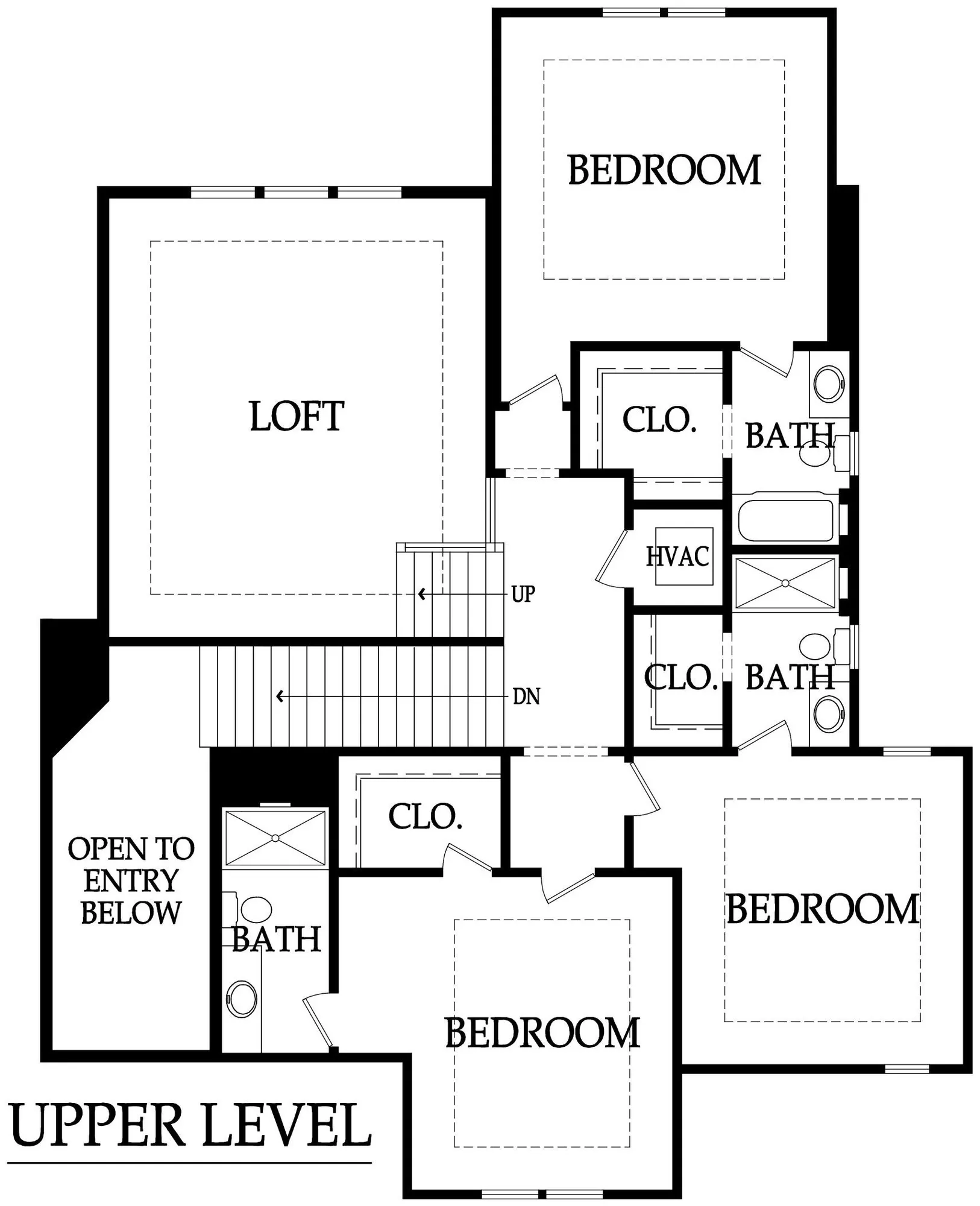Upper level floor plan with a loft, two bedrooms, several bathrooms, closets, and stairs labeled UP and DN; dashed squares indicate closet spaces, open-to-entry below.