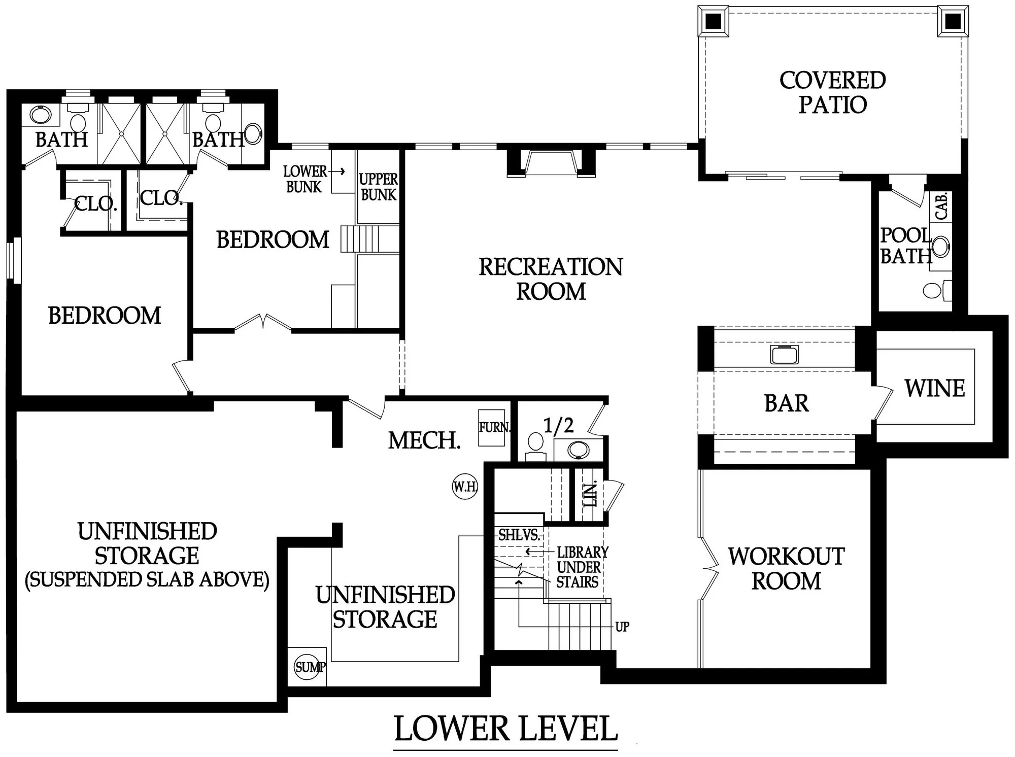 25373 W 107th Ter_floorplan1 | Build With Roeser Lower level floor plan showing recreation room, bedrooms, baths, bar, and covered patio.