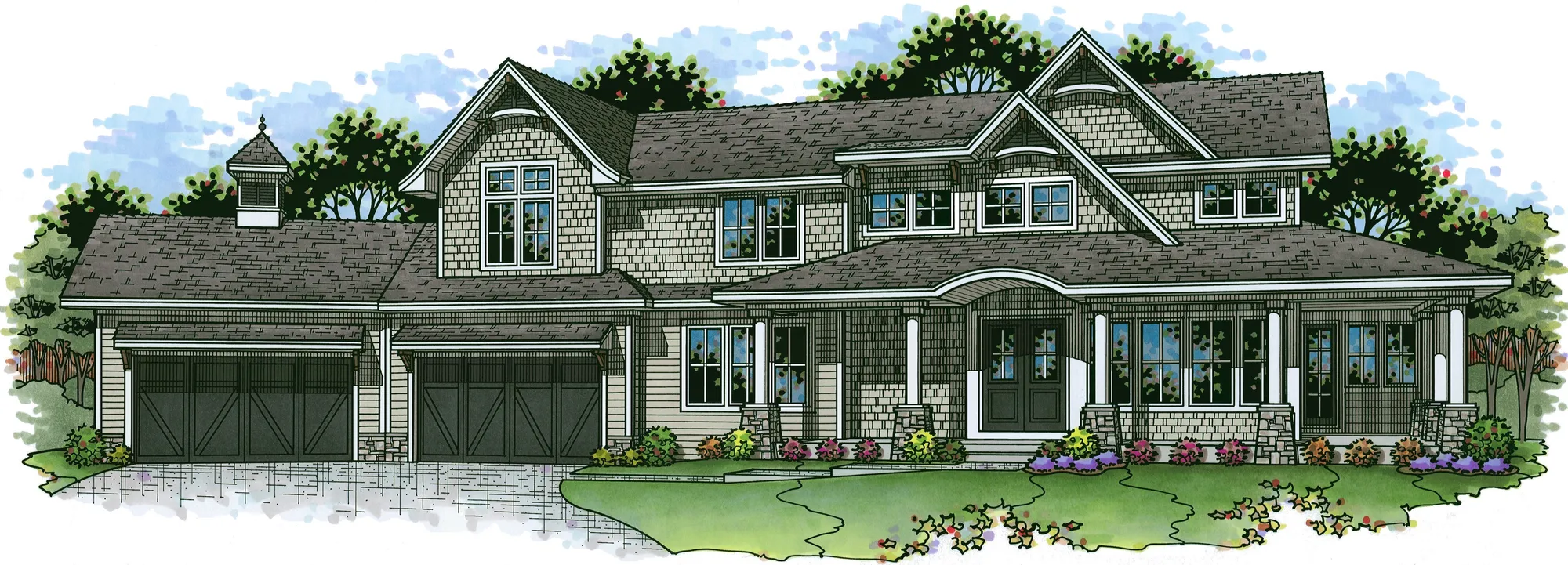 Illustration of a large two-story suburban house with a three-car garage, brick and stone facade, and manicured landscaping.