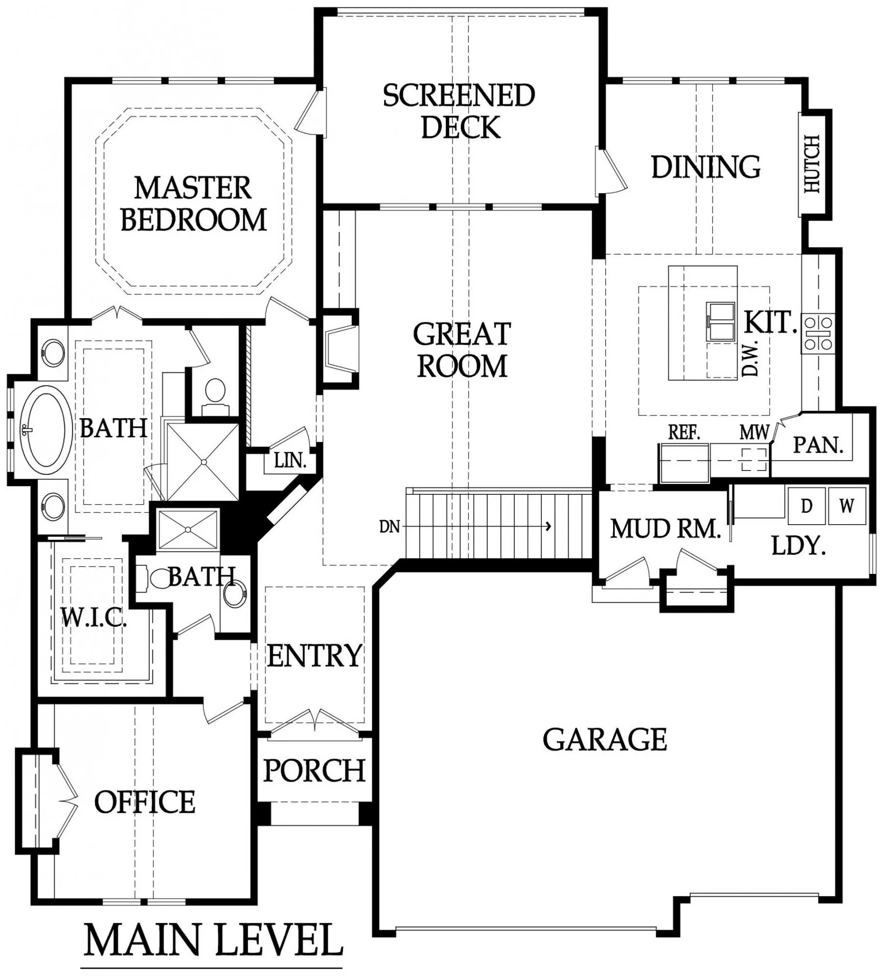 Main level floor plan showing master bedroom, great room, screened deck, dining, kitchen, mud room, laundry, baths, porch, and garage.